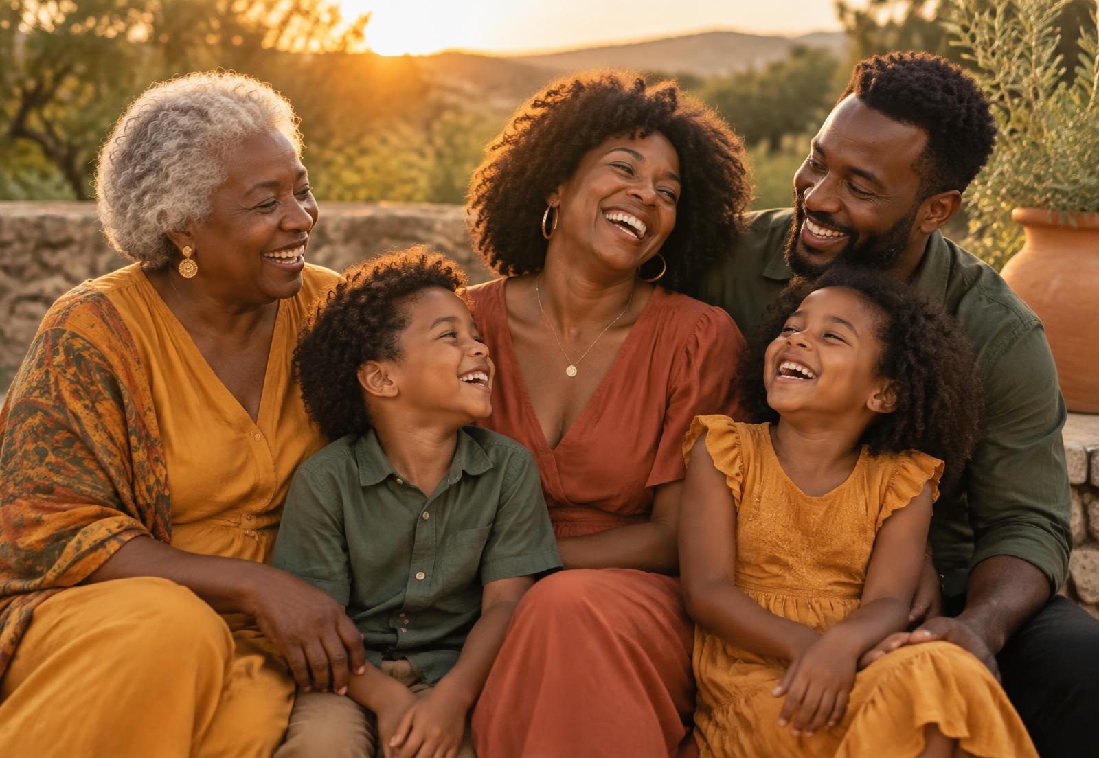 A multigenerational Black family laughing together